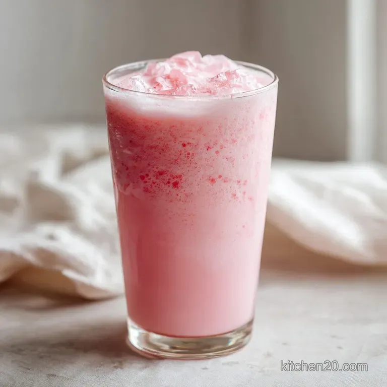 A chilled pink drink in a tall glass, topped with fresh strawberries and a mint sprig.