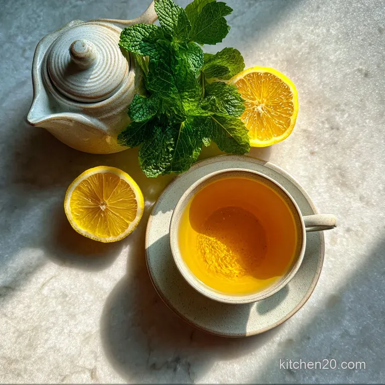 Elegant glass teapot filled with honey citrus mint tea, garnished with star anise and citrus wheels on a wooden board.