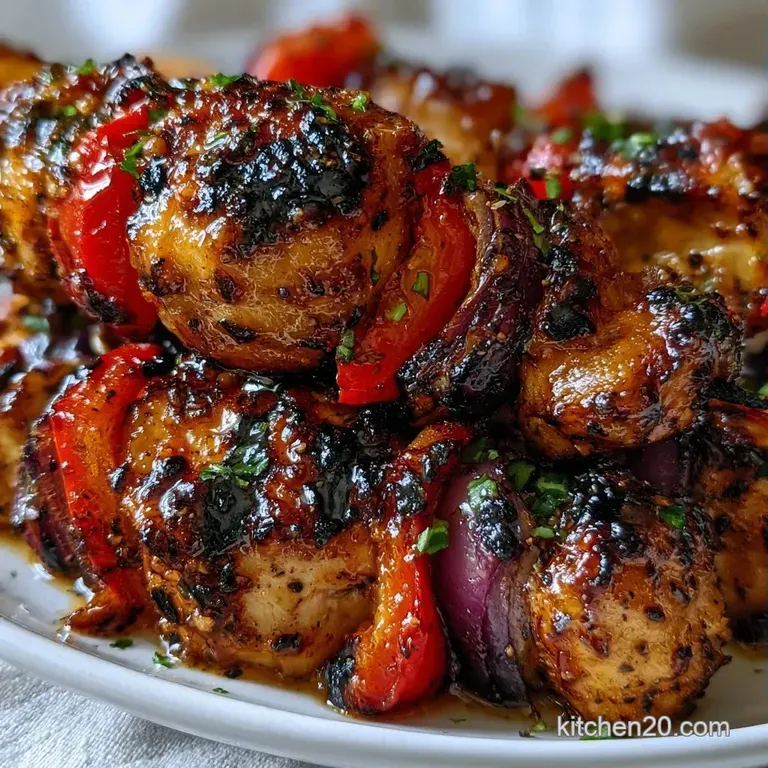 Golden-brown glazed chicken skewers arranged over steamed rice and garnished with bright green sliced scallions.