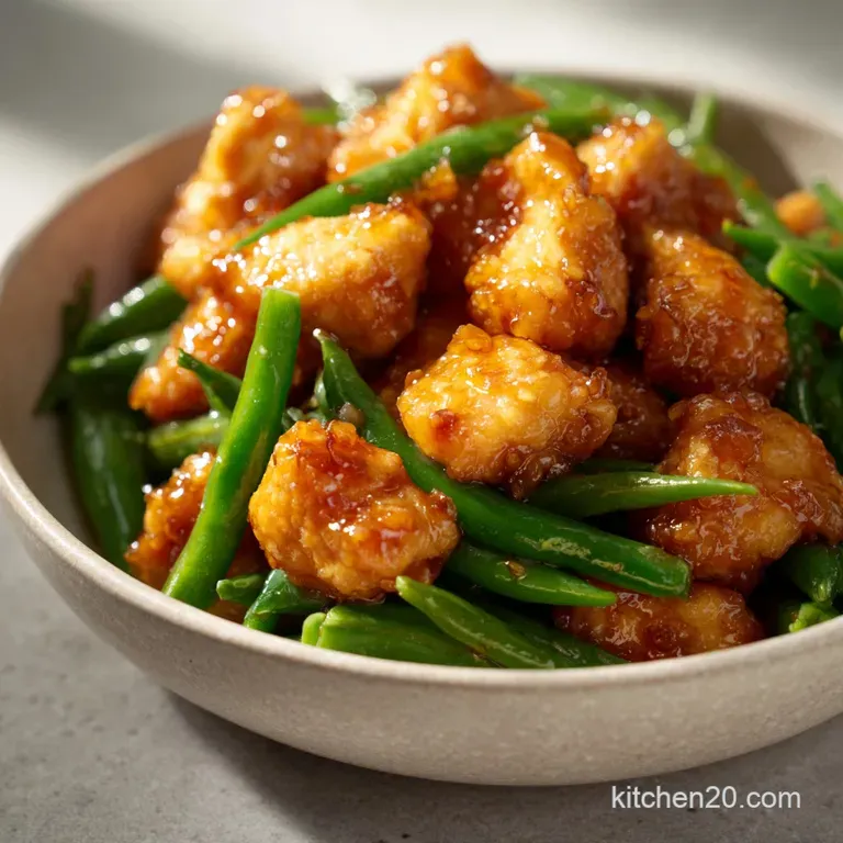 Glazed chicken breast slices resting on crisp green beans, garnished with lemon wheels on a white ceramic plate.