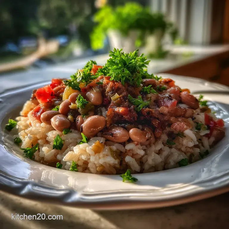 Elegant plate featuring a scoop of smoky peas alongside a mound of rice; vibrant green parsley adds a fresh pop, ready to ...