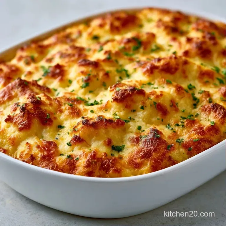 Creamy scoop of golden-brown baked seafood topped with fresh parsley on a white plate with a bright lemon wedge.