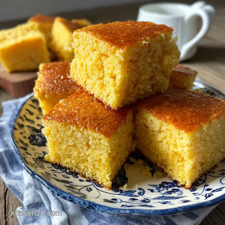 Perfectly browned cornbread, glistening with butter, rests on a linen-lined plate. A rustic, comforting single portion.