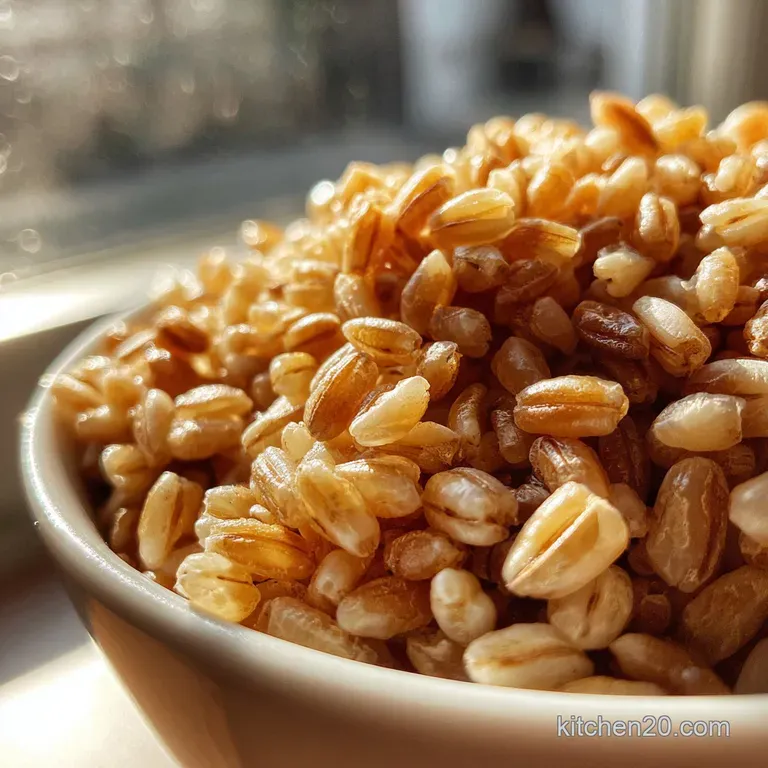 Steaming bowl of barley topped with herbs. Light reflects off glossy grains, with vibrant green herbs sprinkled across the...