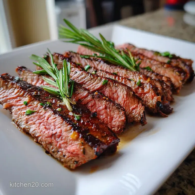 Slices of rosy-red flank steak artfully arranged on a white plate with vibrant green arugula and a drizzle of golden olive...