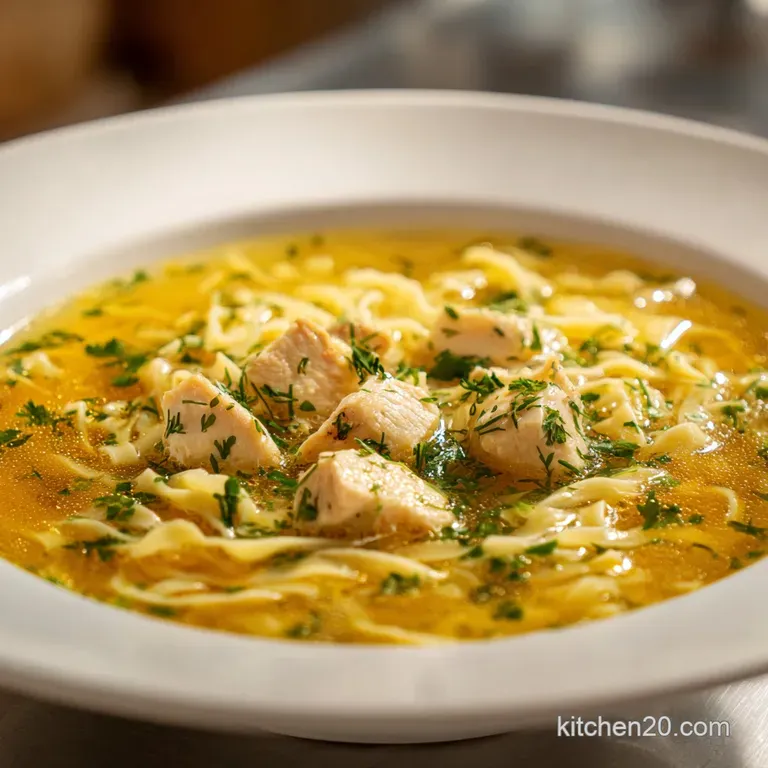 Elegant white bowl filled with shimmering golden broth, tender vegetables, and a sprinkle of vibrant green parsley.