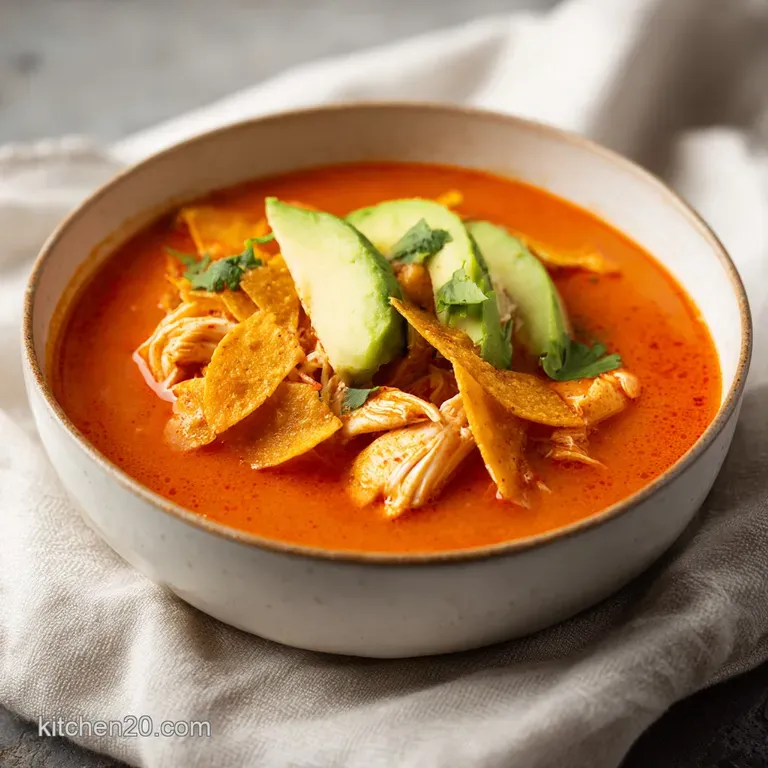 A rustic ceramic bowl filled with orange-hued soup, garnished with bright cilantro and sliced avocado on a linen napkin.