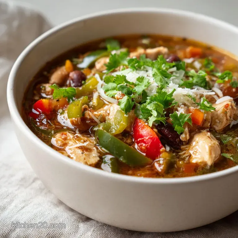 A bowl of creamy white chili with shredded chicken, artfully topped with lime wedge, avocado, and sprigs of fresh cilantro.