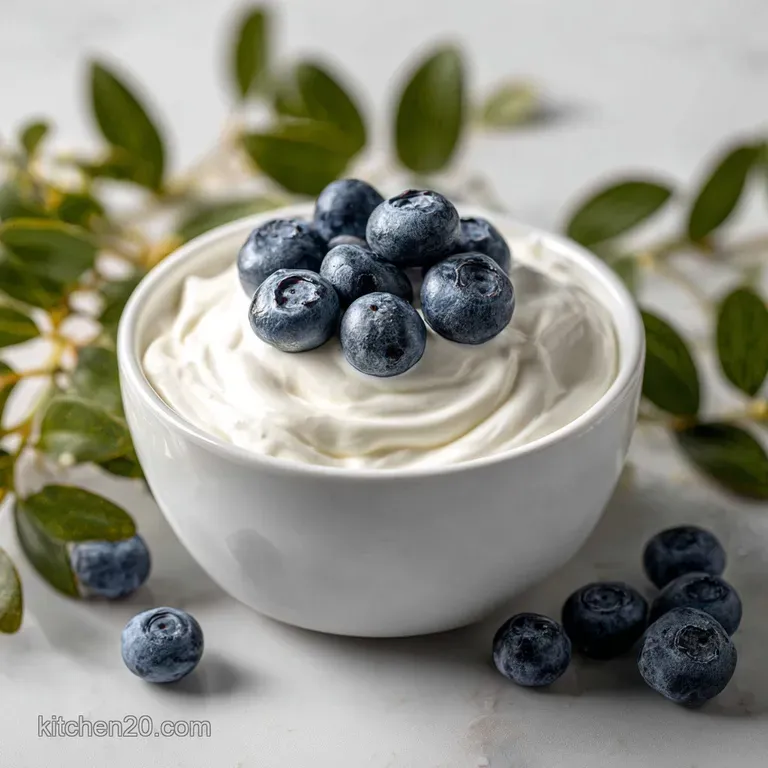 Smooth, thick yogurt in a clear glass bowl, topped with swirls of honey and vibrant, juicy raspberries. Spoon resting nearby.