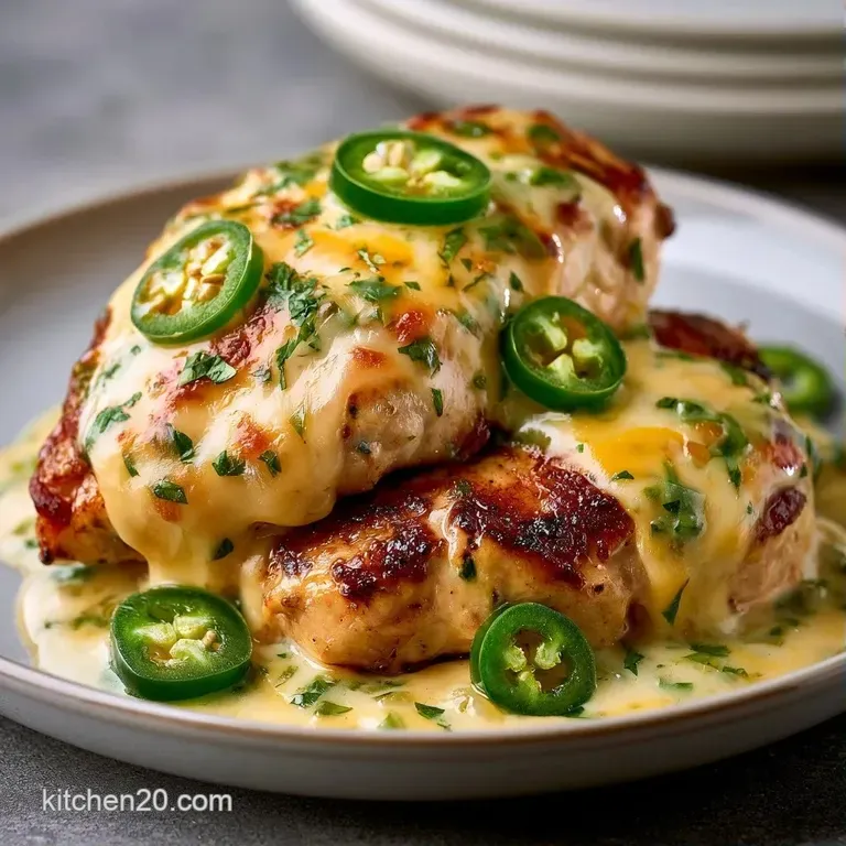 Elegant plating of seared chicken topped with bubbly melted cheese and green peppers on a white ceramic dish.