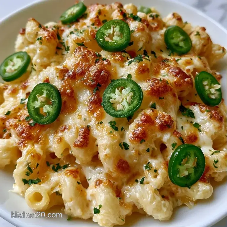 Creamy golden pasta in a white bowl, garnished with fresh green jalapeno rings and a sprinkle of cracked black pepper.