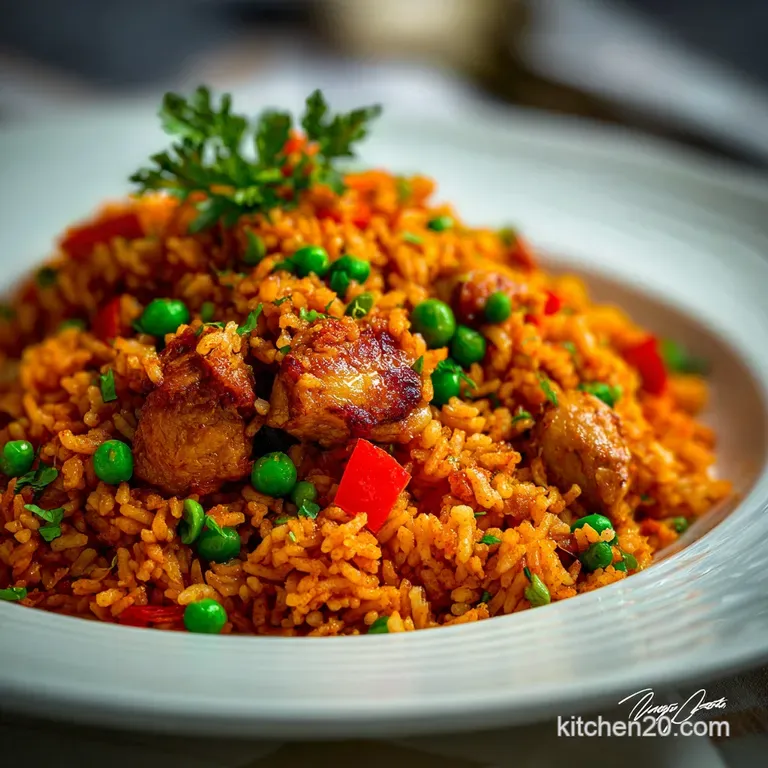 Plated Jollof rice and chicken, garnished with fresh herbs and sliced tomatoes, steam rising. A delicious single serving.