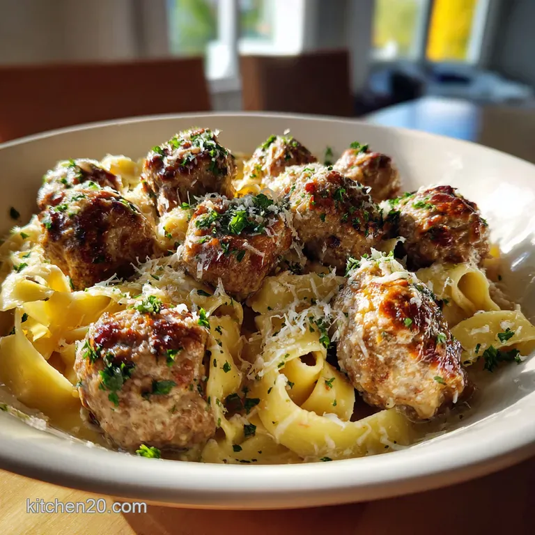 Juicy Garlic Butter Meatballs with Silky Parmesan Tagliatelle presentation