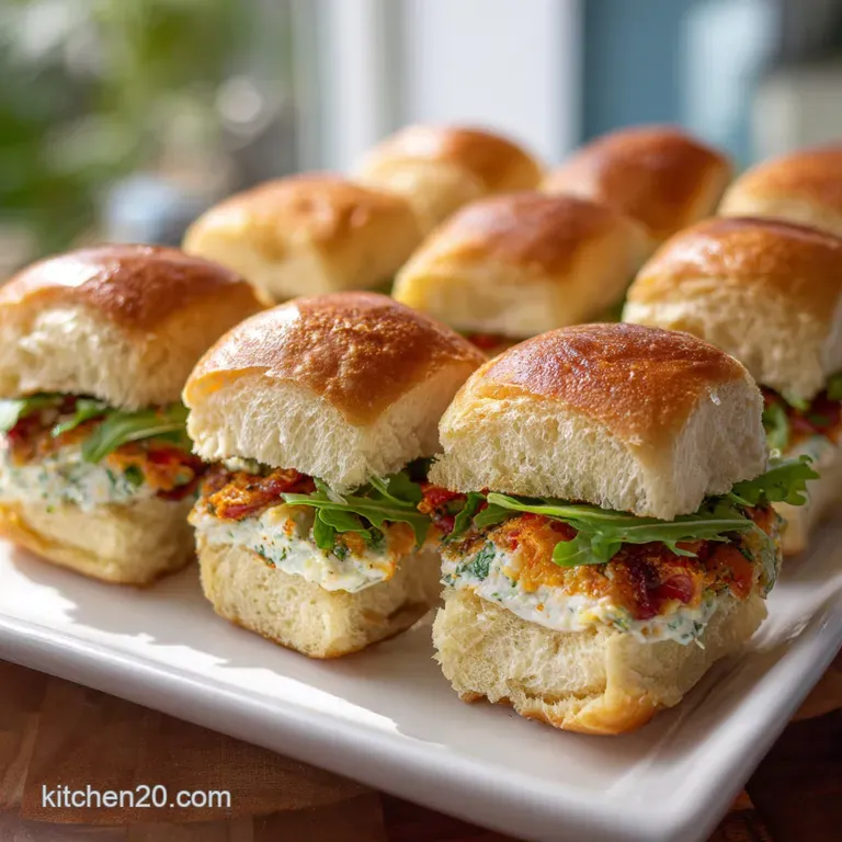 Stacked mini sandwiches on a white plate. Layers of vibrant fillings peek out, suggesting a burst of flavor in every bite.