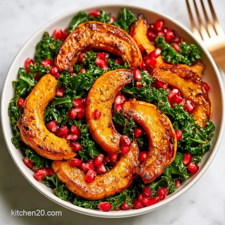 Artfully arranged golden squash rings and wilted dark kale on a ceramic plate, garnished with toasted seeds and oil