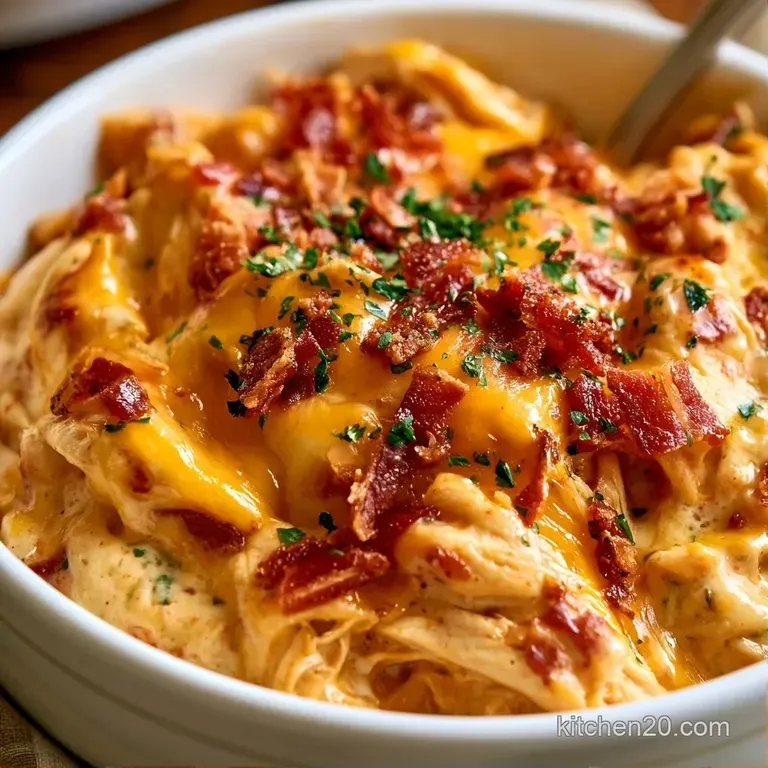 Rich, creamy shredded chicken in a white ceramic dish topped with bubbling gold cheese and crisp bacon pieces.
