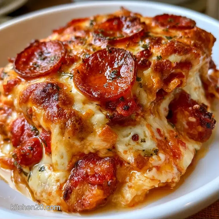 A hearty slice of cheesy pizza bake on a white plate, garnished with fresh basil and a side of crisp garden salad