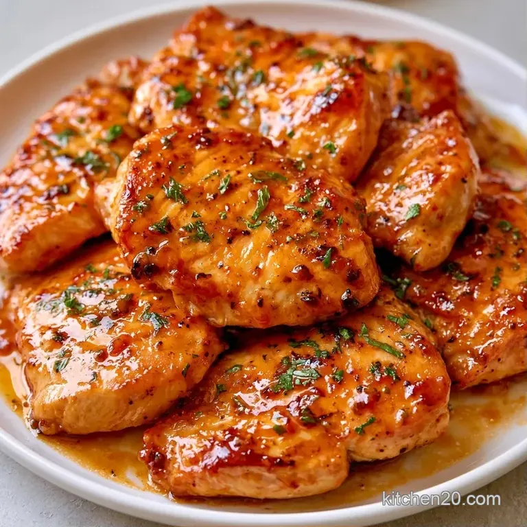 Searing hot chicken thighs on a white ceramic plate, drizzled with glossy pan sauce and garnished with chopped parsley.