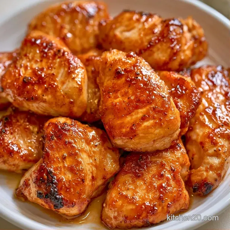 Charred chicken pieces resting on creamy mashed potatoes with a drizzle of rich pan sauce and microgreens.