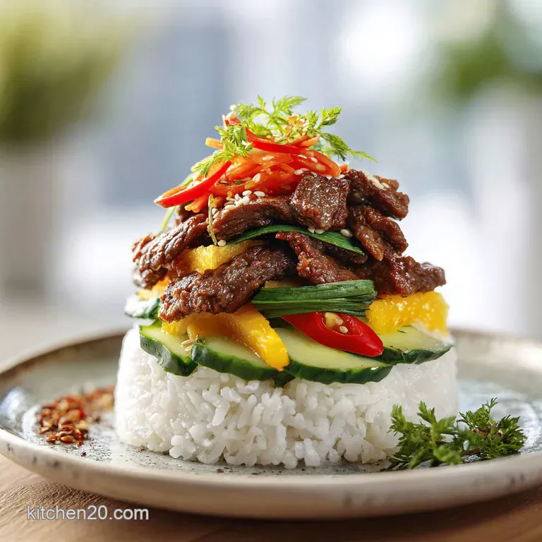 A stack of fluffy rice, tender beef, and crisp veggies drizzled with a savory red sauce; sesame seeds glisten on top of th...