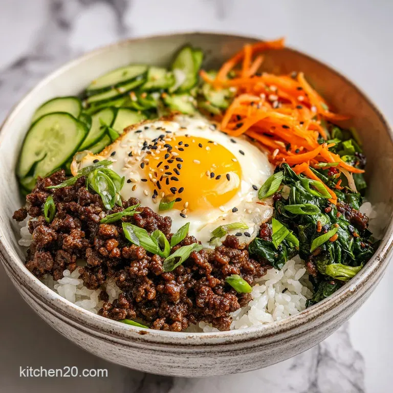 Close-up of a Korean beef bowl, vibrant red beef against white rice, topped with sesame seeds and green onions in a cerami...