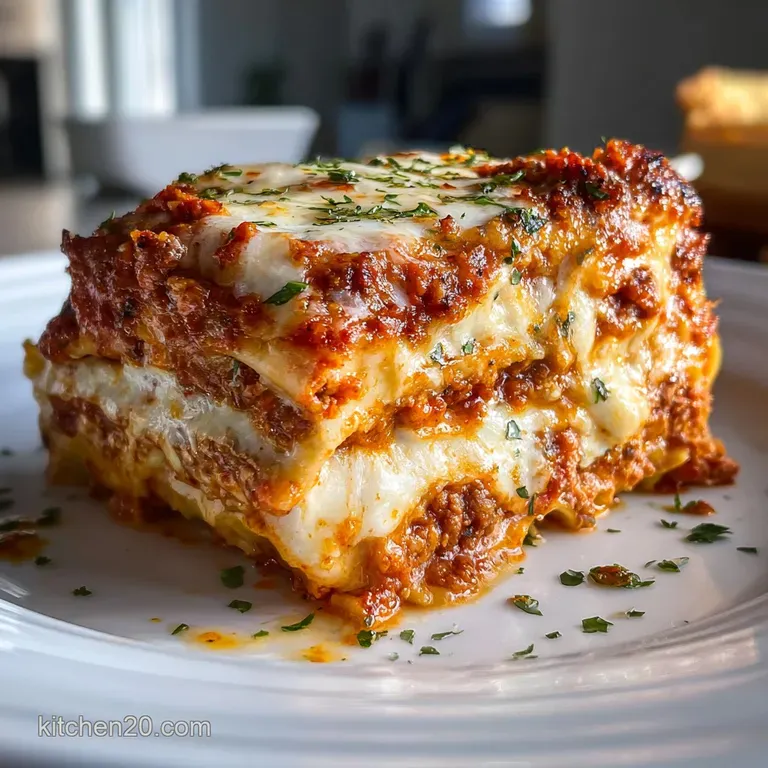 Slice of lasagna on a white plate, layers of pasta, cheese, and meat sauce visible. Garnished with fresh basil, light stea...