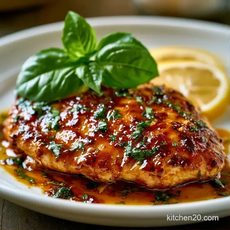 Sliced chicken breast drizzled with yellow citrus glaze, garnished with micro-basil and lemon wheels on a plate.