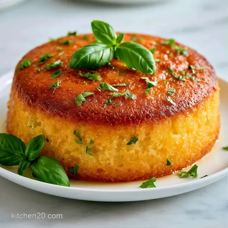 A delicate slice of citrus cake paired with a swirl of whipped cream and a fresh basil sprig on a white plate.