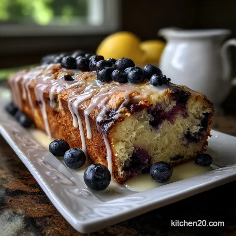 Fluffy slices of golden lemon blueberry bread, garnished with fresh blueberries, on a white plate. Textural crumb visible.