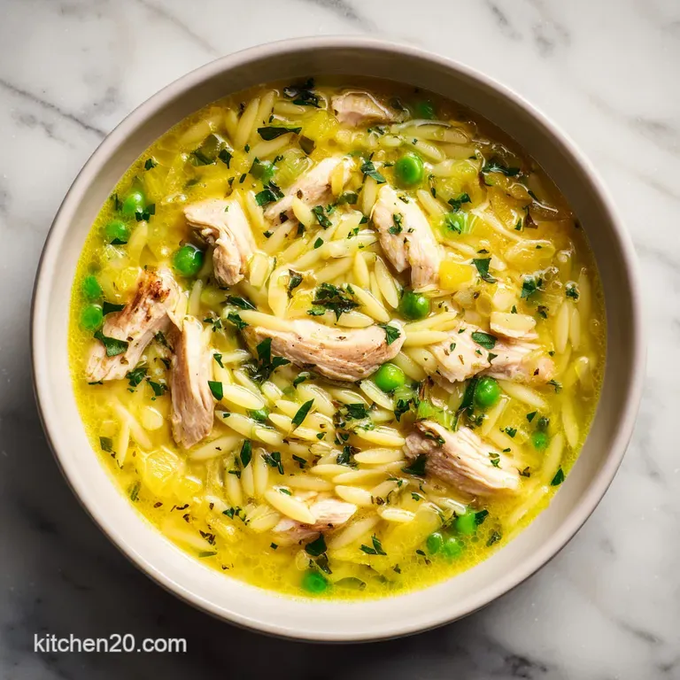 Close-up of a bowl of creamy lemon chicken orzo soup, garnished with a lemon wedge and fresh parsley sprigs.