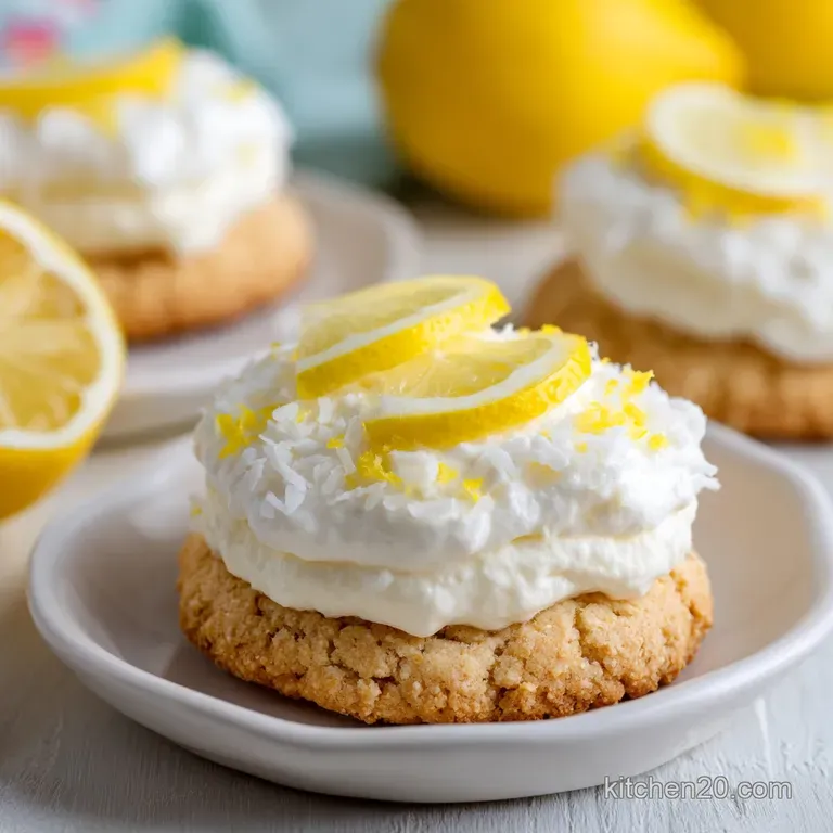 A single lemon coconut cookie on a white plate, powdered sugar dusting. Bright lemon zest adds vibrant color.