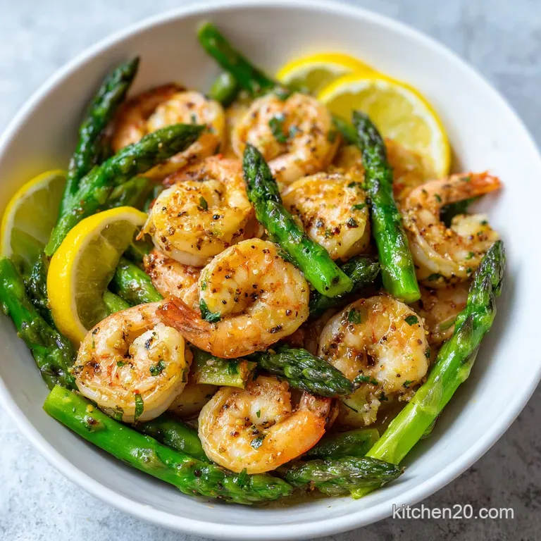 A single serving plate with plump shrimp and bright green asparagus spears. Hints of lemon zest with a glistening garlic b...