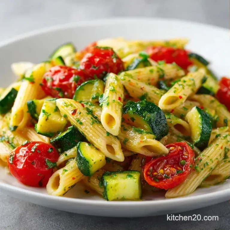 Twirled pasta nests topped with bright green zucchini, shaved parmesan, and a sprig of fresh basil on a white plate.