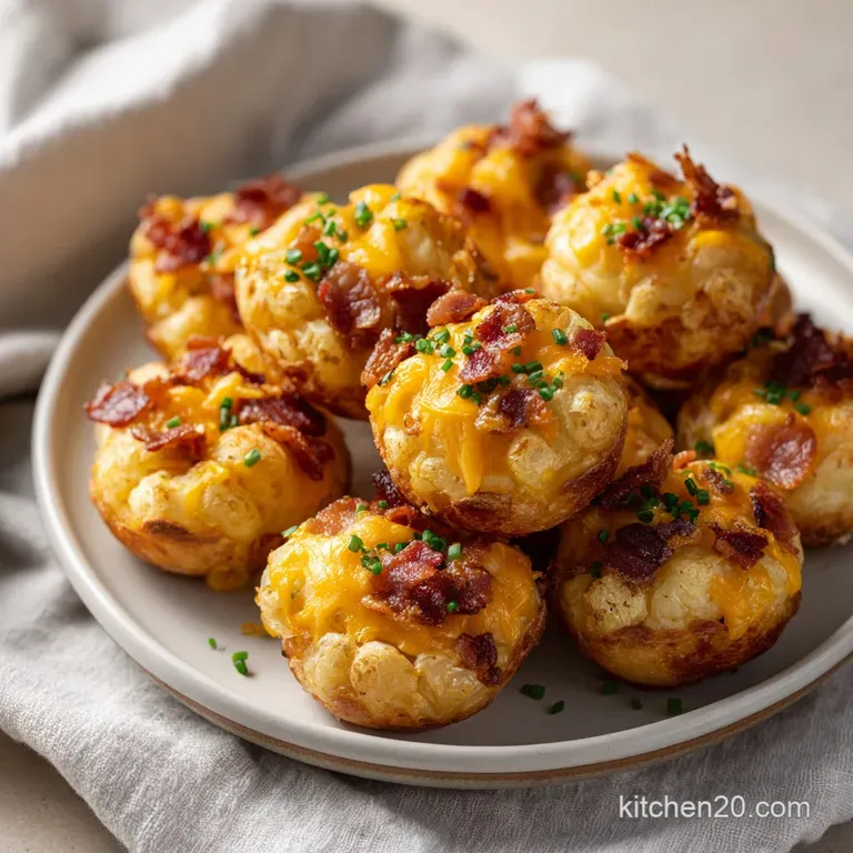 Three crispy golden potato rounds topped with melted cheddar and chives, plated on a clean white porcelain dish.