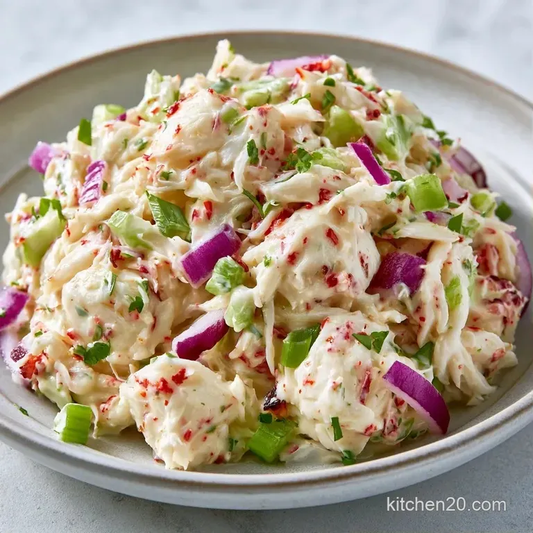 Chilled crab salad sculpted into a neat mound, garnished with a fresh dill sprig and lemon wedges on a white plate.