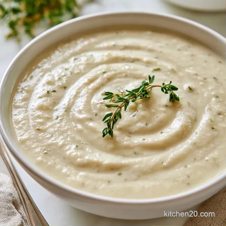 A white ceramic bowl of velvety white soup topped with a swirl of heavy cream and a sprig of fresh parsley.
