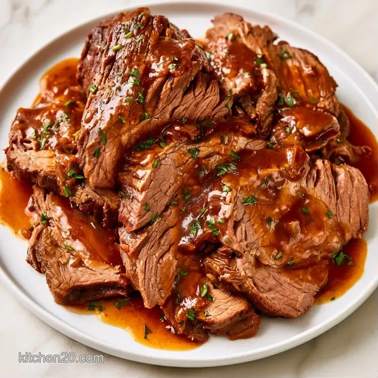 Slices of juicy roasted beef served on a white plate with steamed vegetables and a drizzle of dark sauce.
