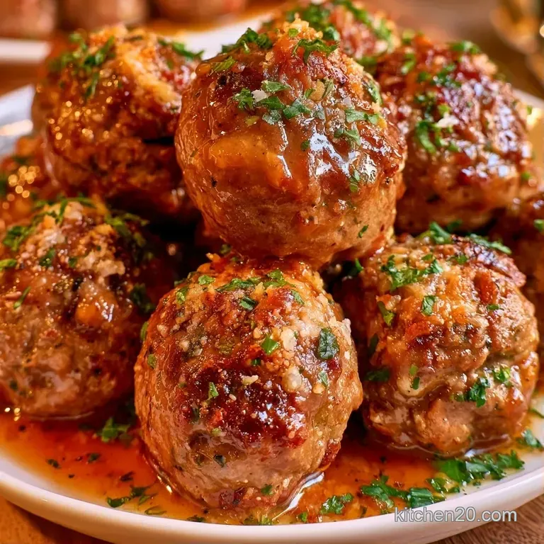 Glazed brown meatballs served on a white platter, garnished with chopped parsley and a side of steamed broccoli.