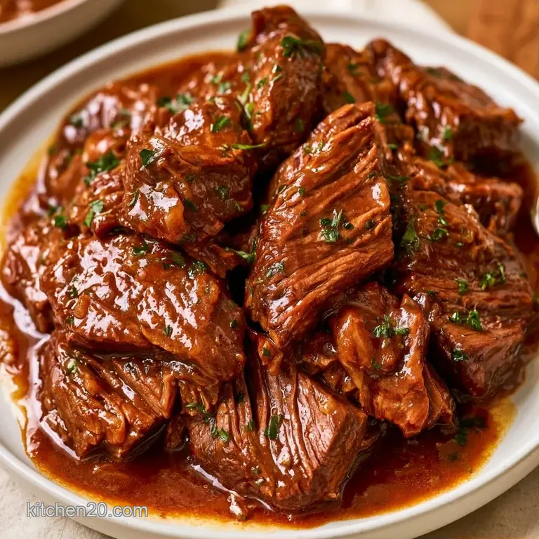 Slices of juicy beef on a white platter with glazed root vegetables and a sprinkle of bright green fresh parsley