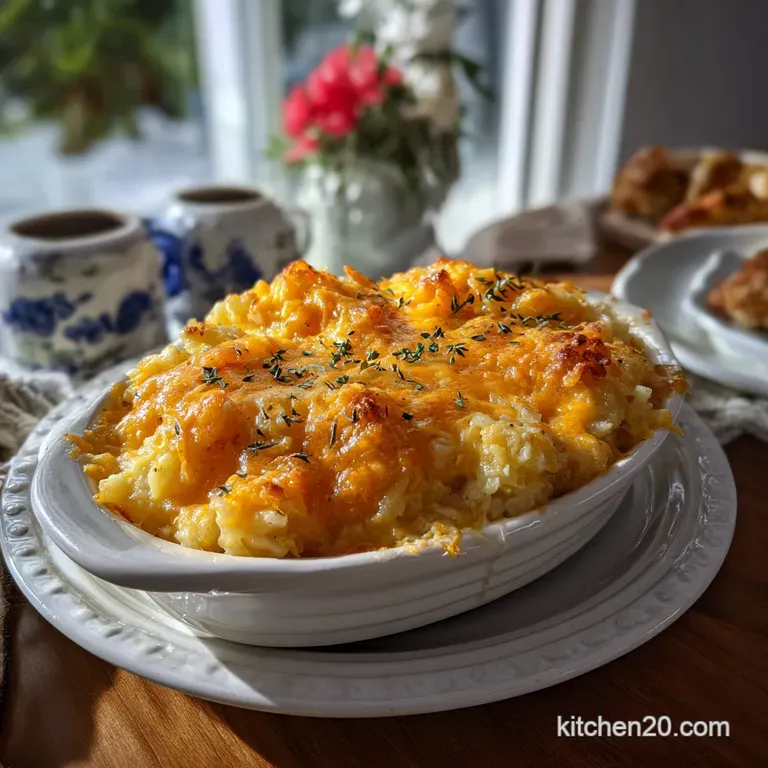 Creamy, plated hashbrown casserole with a perfectly browned top. Garnished with a sprinkle of fresh chives on a white plate.