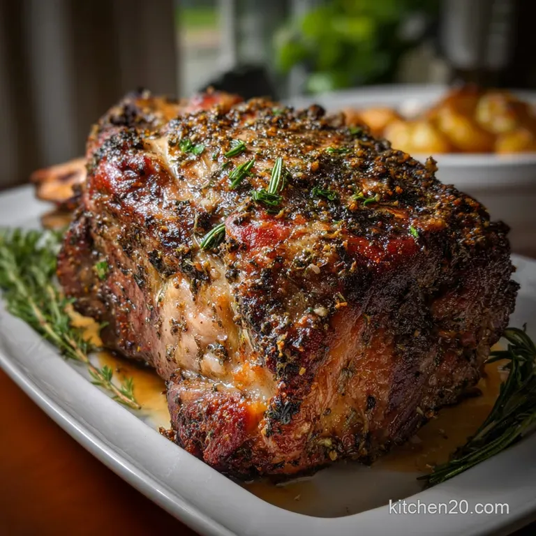 Elegant slices of prime rib, revealing a tender, rosy interior. Garnished with fresh herbs and served alongside creamy mas...