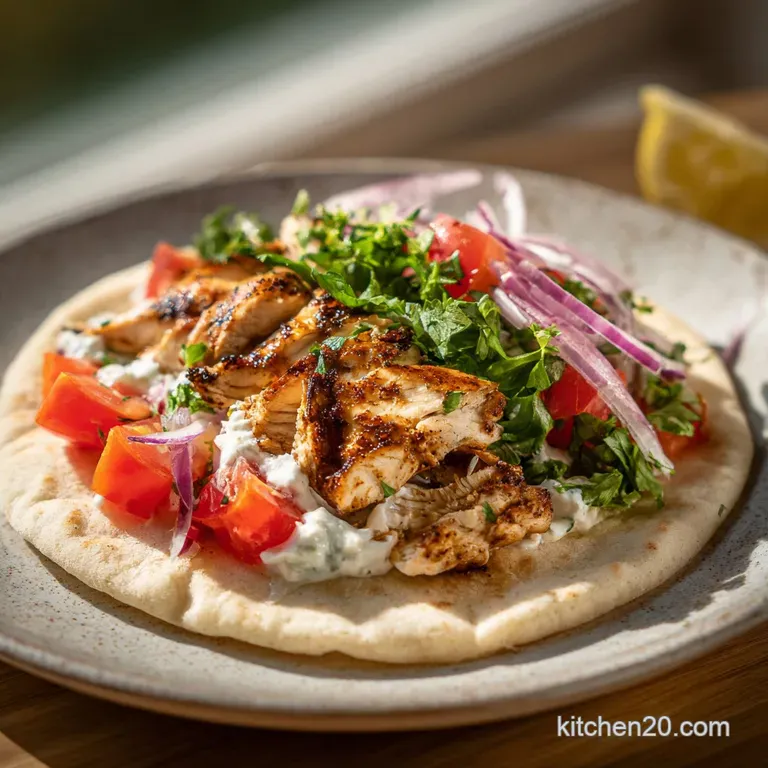 A chicken gyro on a plate, showcasing layers of seasoned chicken, crisp lettuce, and a swirl of tangy yogurt sauce.