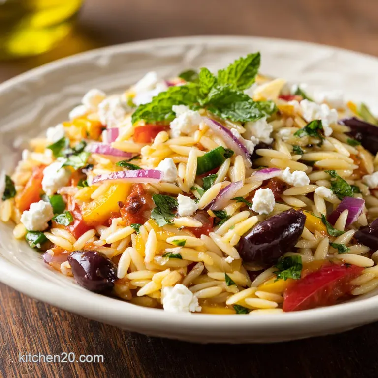 Bright orzo salad in a white bowl. Feta crumbles, herbs, and lemon wedges add visual appeal. Light & fresh!