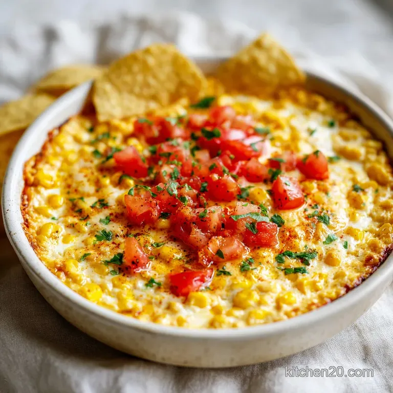 Warm, bubbly corn dip served in a cast iron skillet with crispy golden tortilla chips on a rustic wood board.