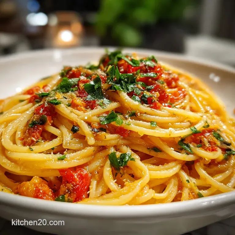 Elegant plate of spaghetti with a smooth, velvety sauce, garnished with fresh parsley and a dusting of Parmesan cheese.