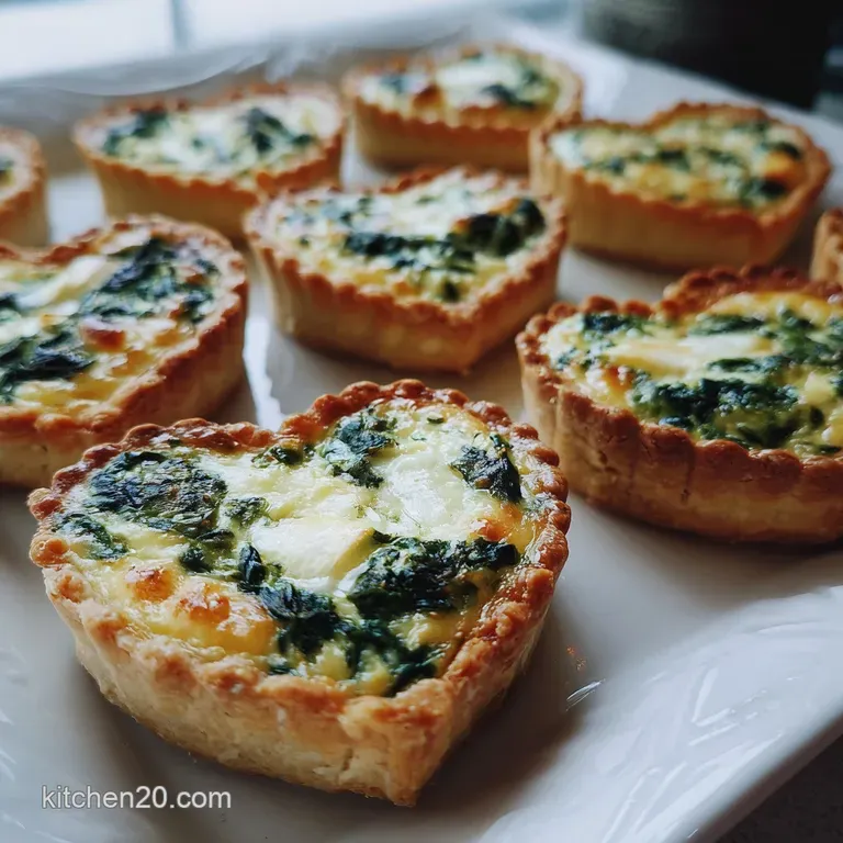 Elegant plating of mini spinach quiche hearts. Each bite reveals flaky crust & a cheesy, spinach filling. Fresh and flavor...