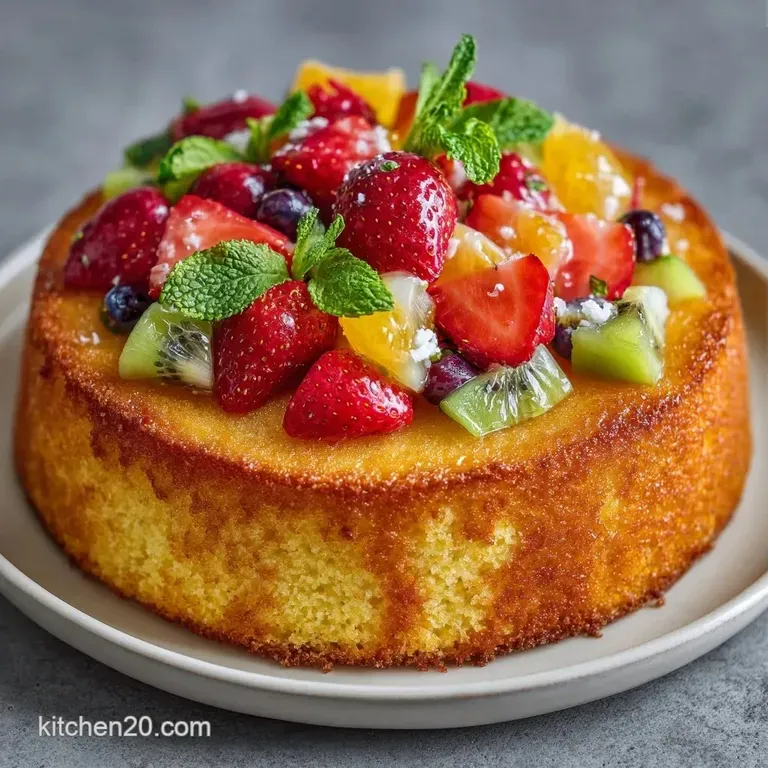 A slice of airy white sponge cake on a white plate, adorned with colorful berries and a sprig of fresh mint leaf.