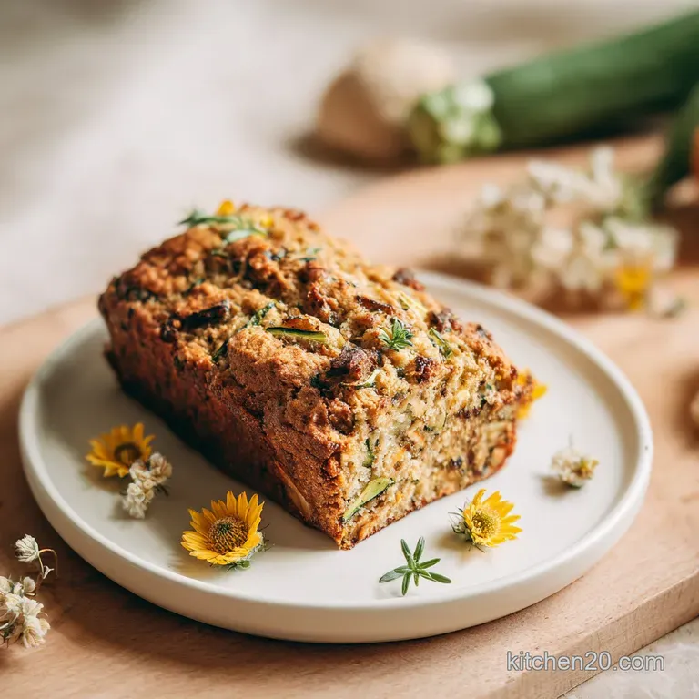 A generous slice of zucchini bread drizzled with a creamy glaze, artfully arranged with fresh berries.