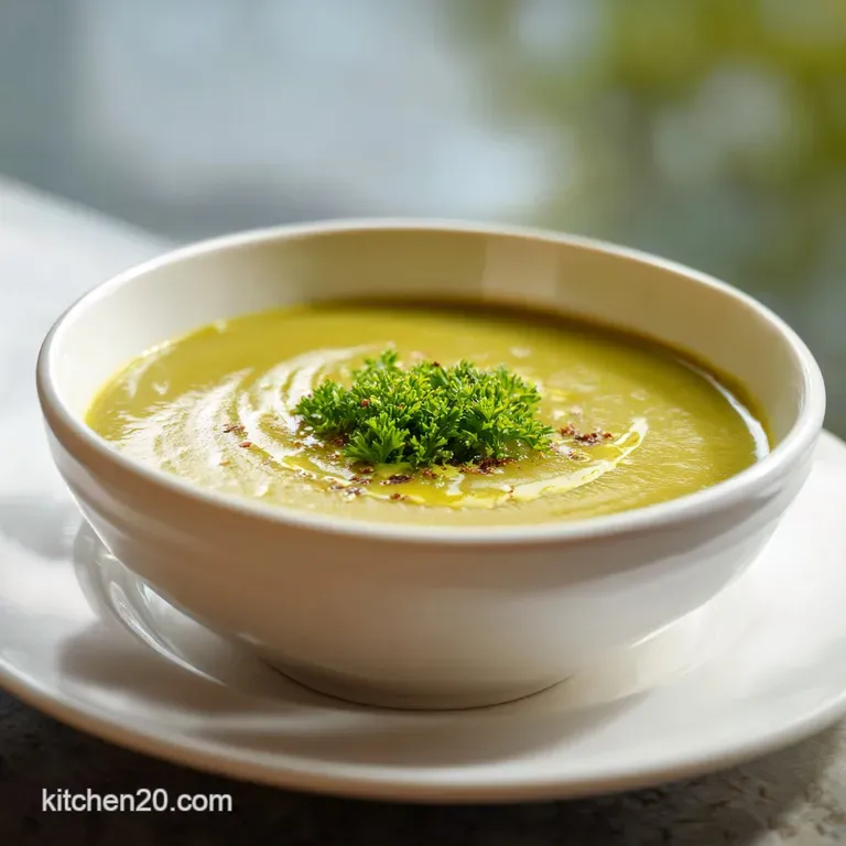 Creamy split pea soup with savory ham, artfully garnished with fresh herbs and a swirl of cream, highlighting a refined pr...