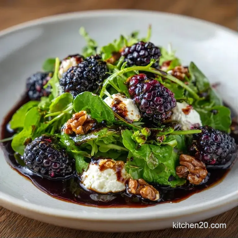 Elegantly plated greens with deep violet berries and creamy white cheese crumbles drizzled with a glossy vinaigrette.